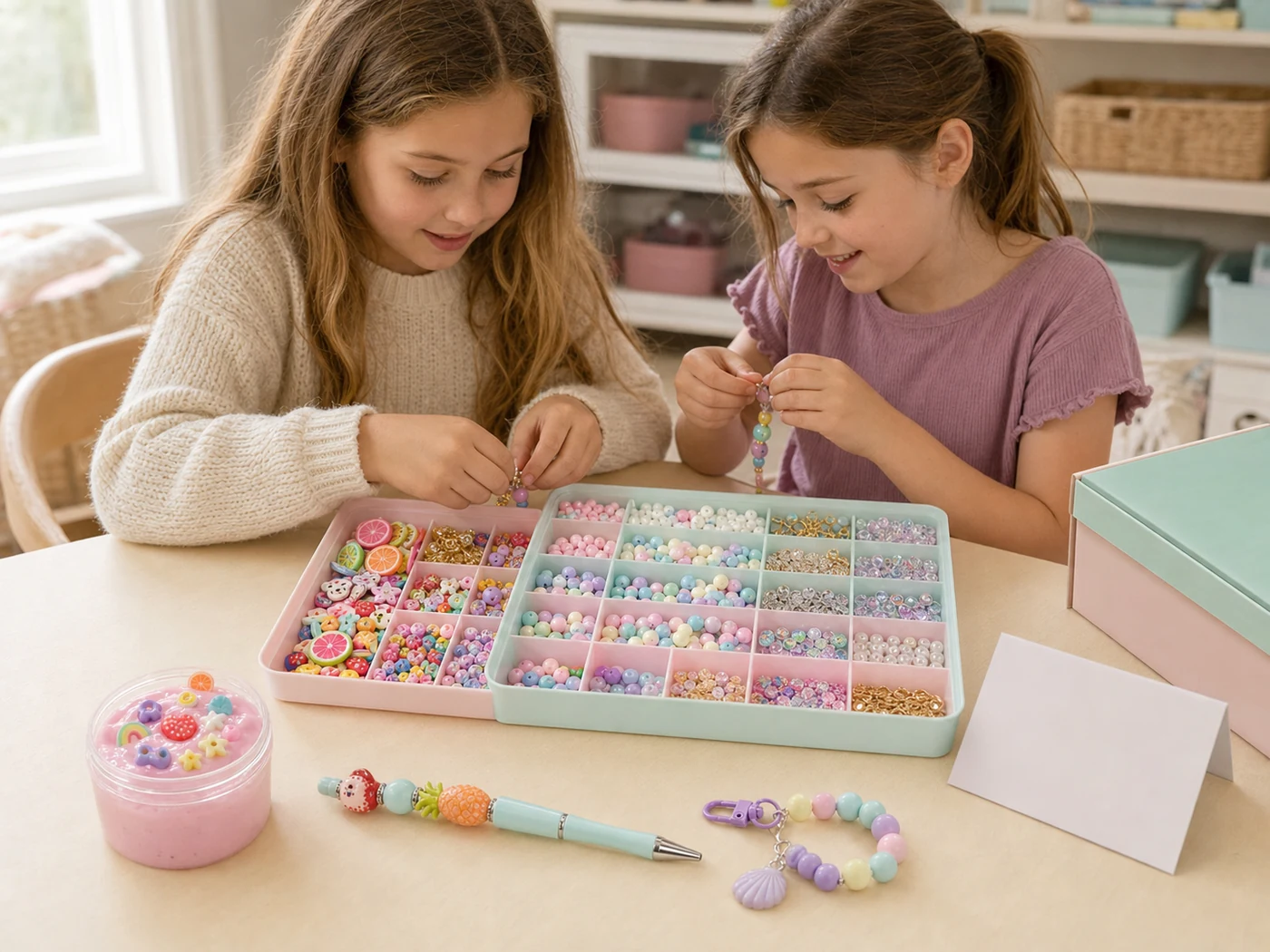Children using a compartment craft kit with a finished slime jar, beadable pen and bracelet