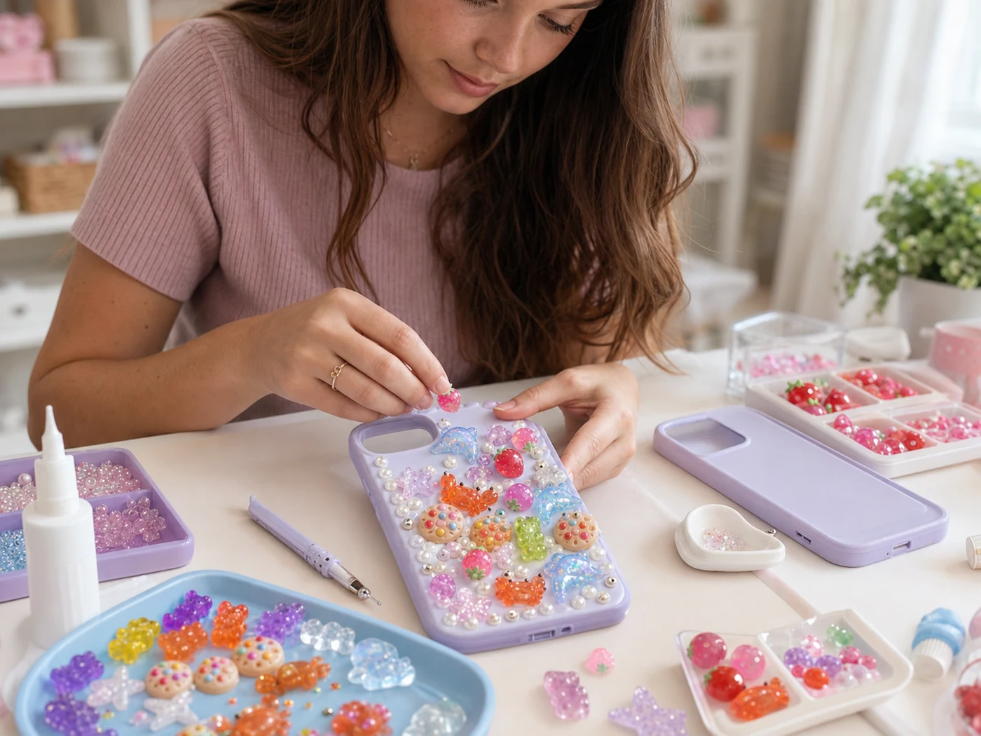Maker finishing a pastel phone case with resin flatback charms
