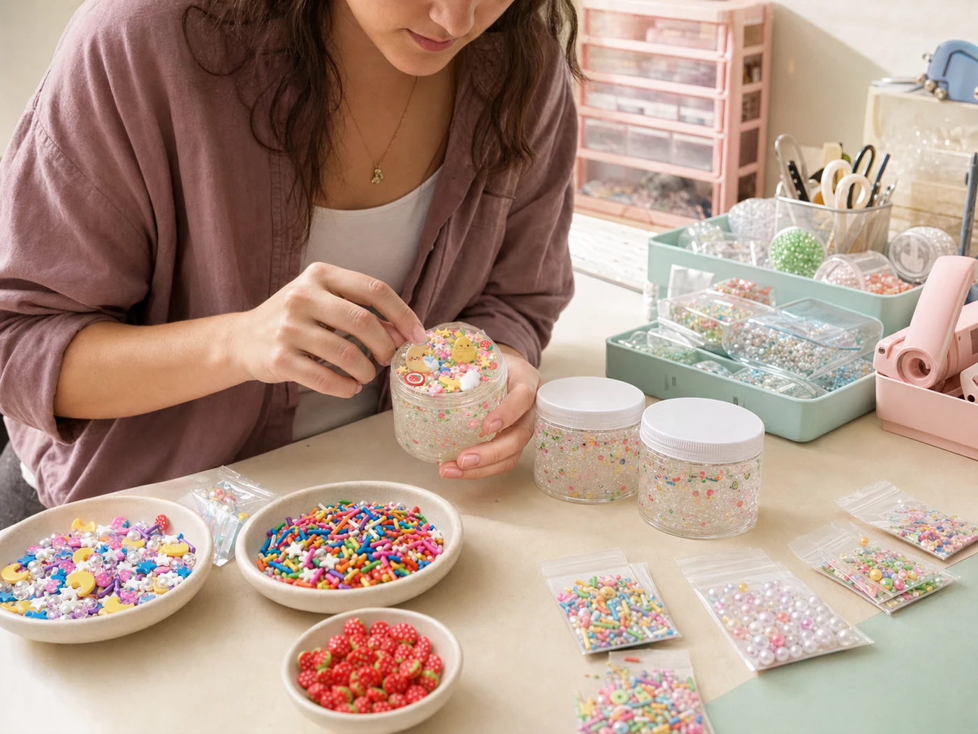 Small slime brand maker finishing and packing decorated slime jars