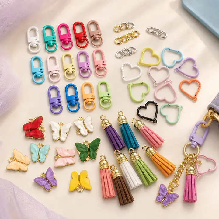 Color-matched clasps, heart carabiners, chains, butterfly charms, and tassels
