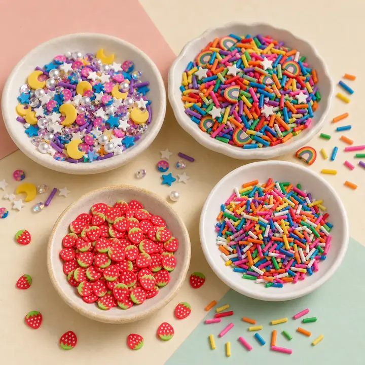 Polymer clay slices in starry sky, rainbow, sprinkle, and strawberry mixes