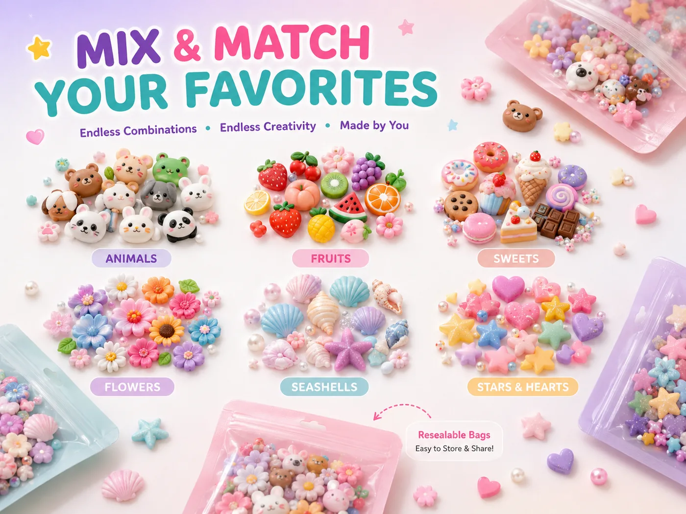 Themed charm assortments: animals, fruits, flowers and seashells