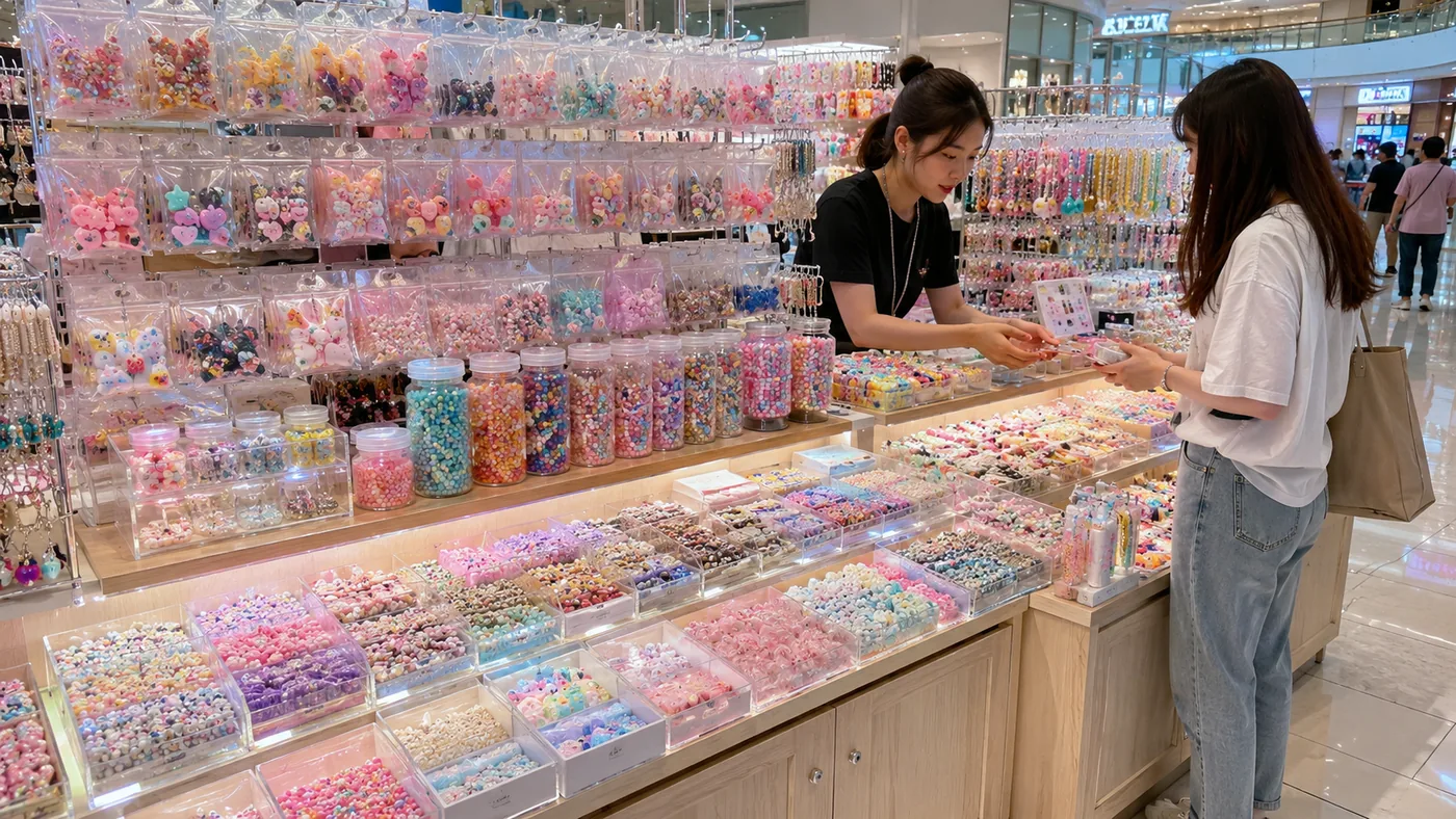 Craft store shelves stocked with packaged bead and charm kits